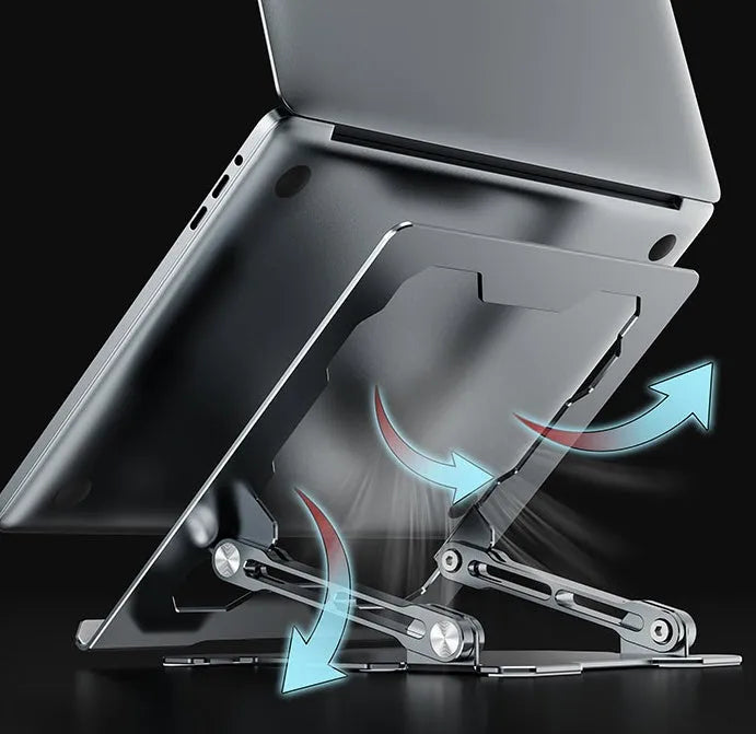 Grey aluminium adjustable laptop stand in folded and open positions, showing hollow design
