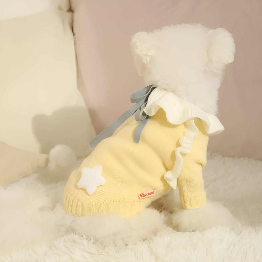 Yellow autumn dog sweater on small pet showing XINGX and fairy dress style options with size chart