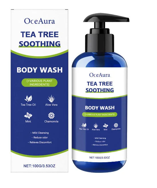 100g tea tree shower gel bottle with aloe vera, mint and chamomile extracts, clear gel formula