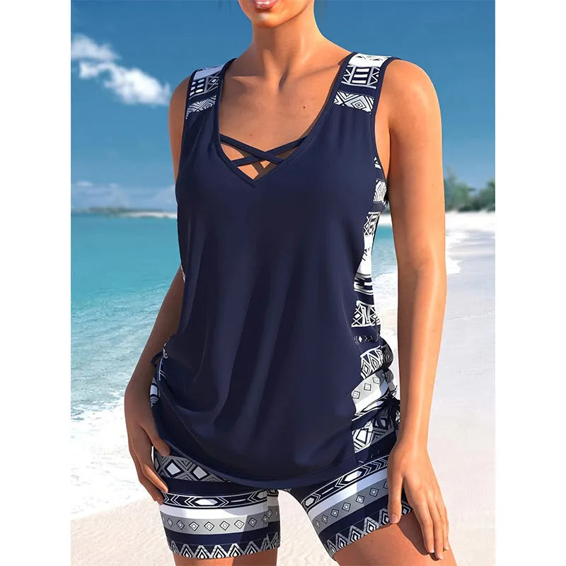 Women's polyester one-piece swimsuit, sleeveless briefs style, conservative split design, sizes S to XXL