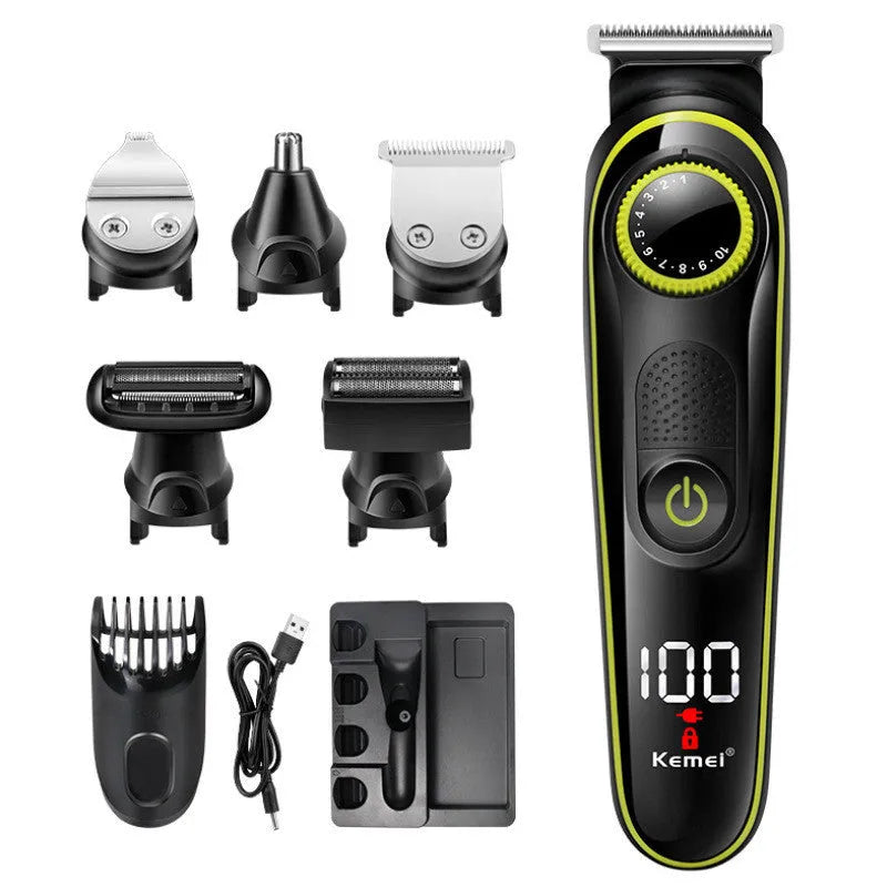 Black rechargeable electric hair clipper set with USB charging cable and cleaning brush