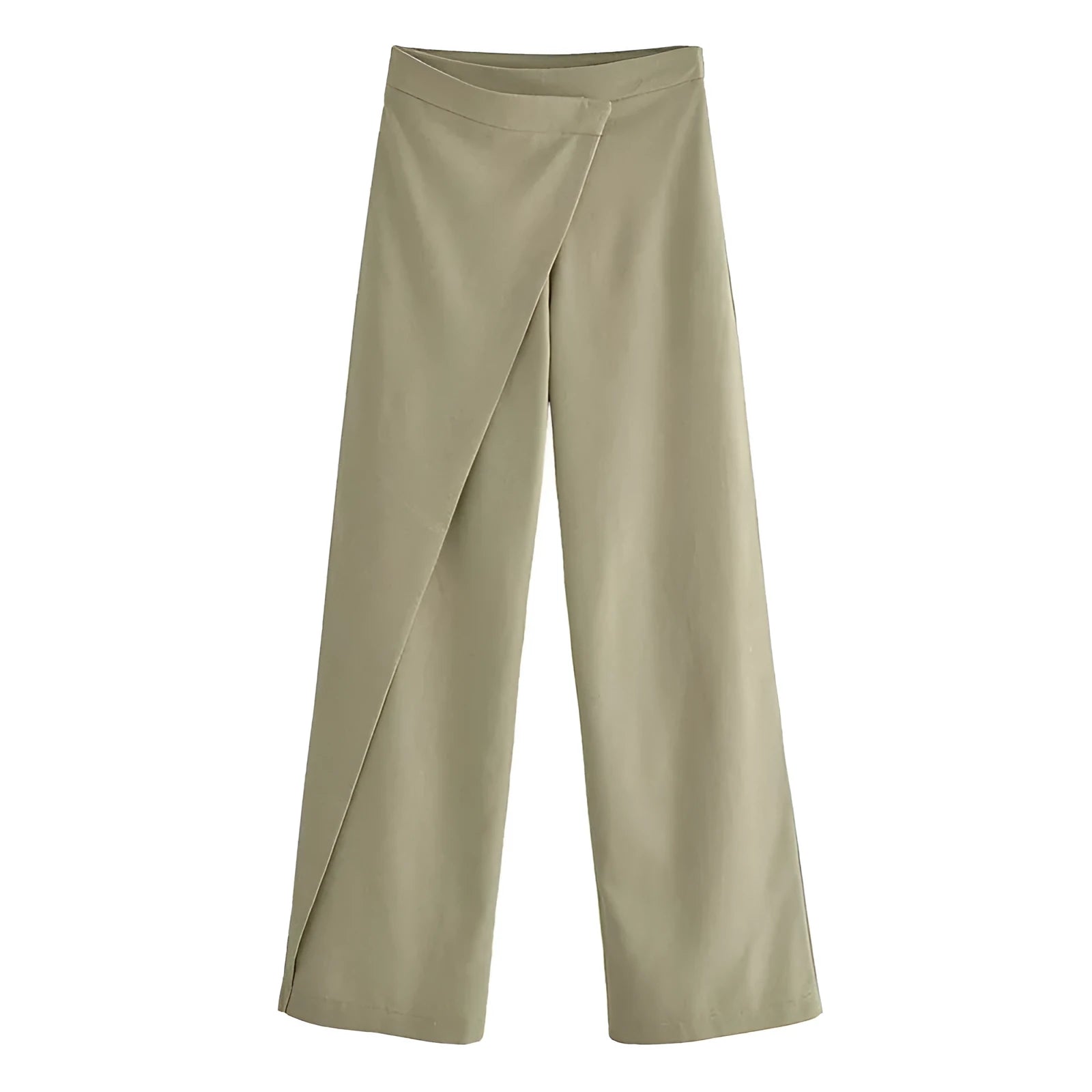 Women's cotton-linen casual trousers in army green, straight leg with mid-waist design
