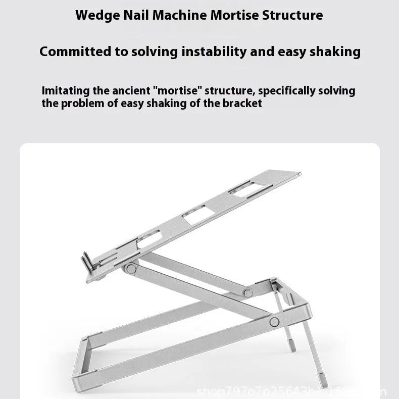 Super light aluminium alloy folding laptop cooling rack on a desk.