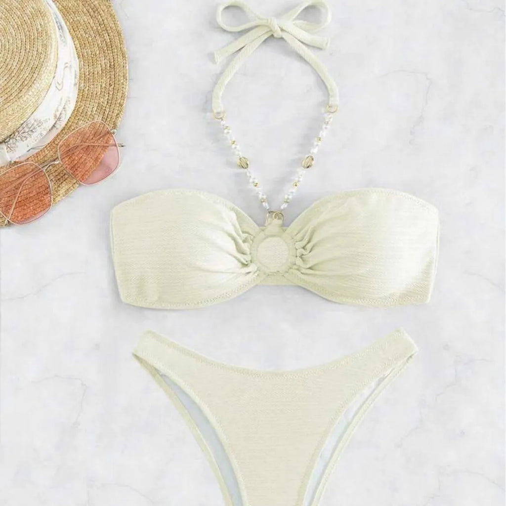 Women's halter neck bikini set in solid colour for swimming and beach wear