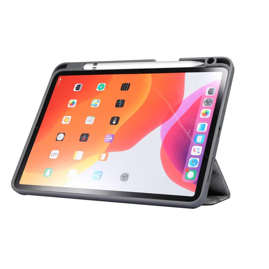 Dark gray tri-fold marbling iPad leather case with a visible pen slot, shown in stand position.