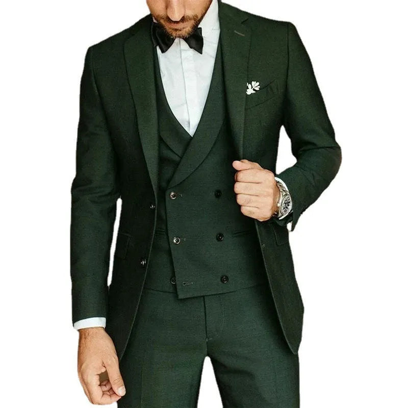 Men's cotton swallowtail suit set including jacket, vest, and trousers in black