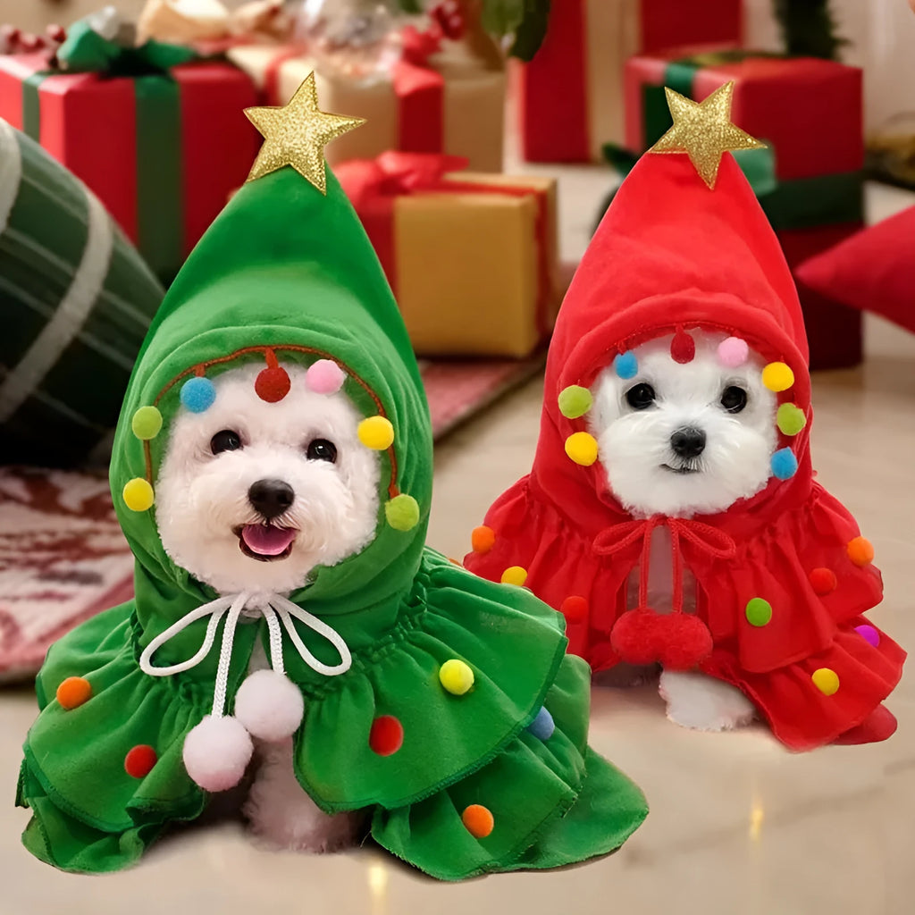 Green and red Christmas pet cloak dog shawl in sizes S M L with width height and head measurements