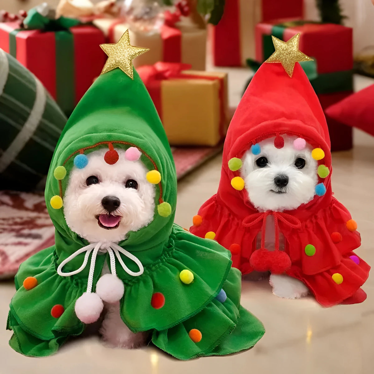 Green and red Christmas pet cloak dog shawl in sizes S M L with width height and head measurements