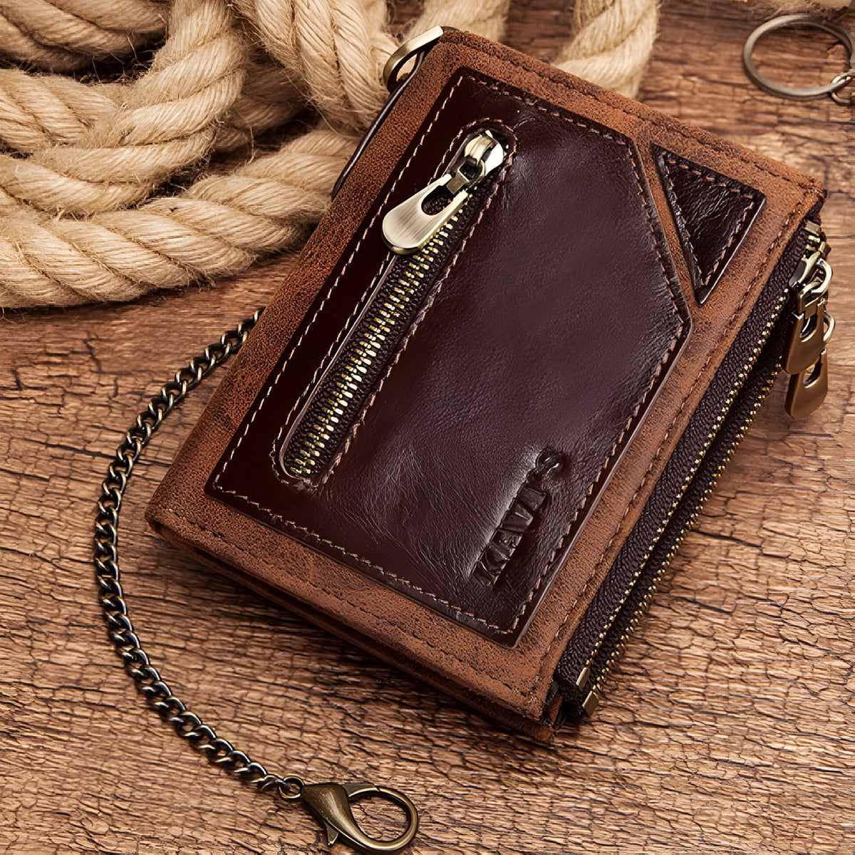 Men's brown genuine leather anti-theft RFID wallet with chain detailing