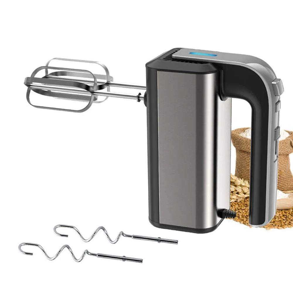 Silver handheld electric whisk with five speed settings and stainless steel beaters