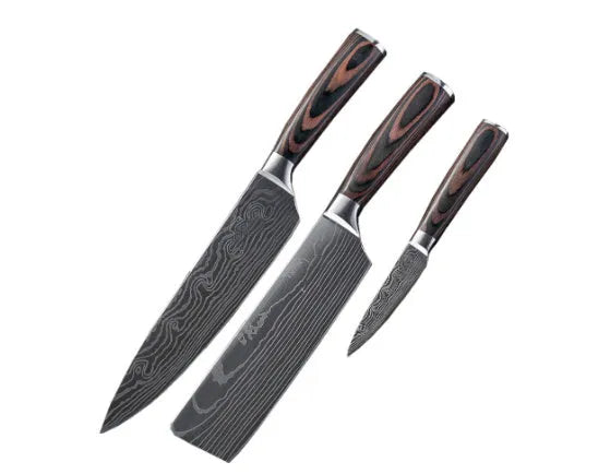 Kitchen chef knife with laser Damascus pattern on 5Cr15 steel blade and colour steel handle