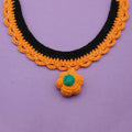Hand crocheted wool pet collar in pumpkin colours with adjustable sizing for Halloween photography