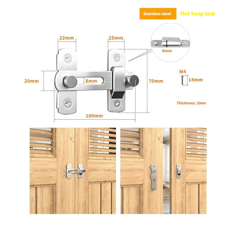 American style 90 degree barn door lock with flat shackle for sliding doors.