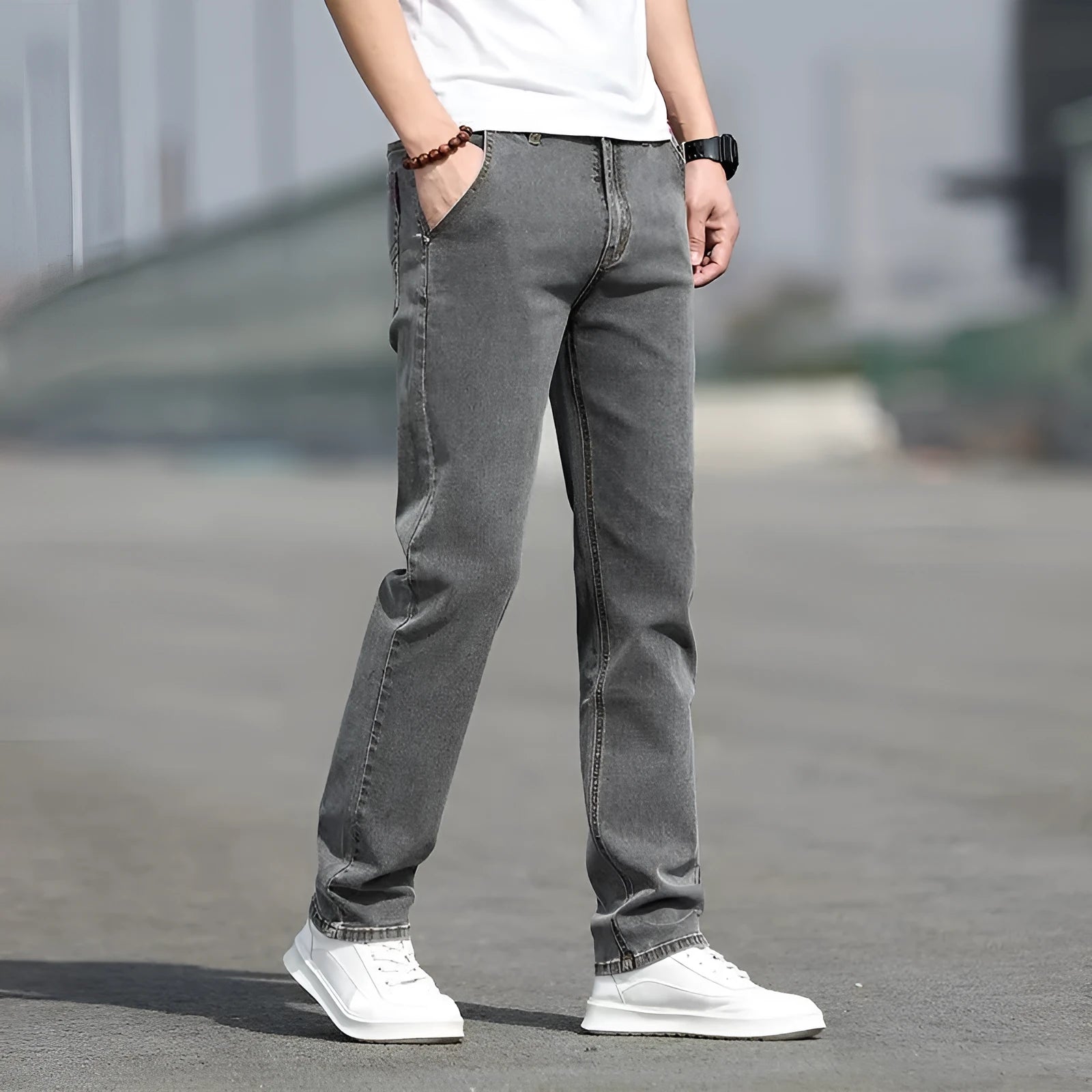 Men's smoky grey straight fit jeans with rabbit fur fabric and zipper fly front