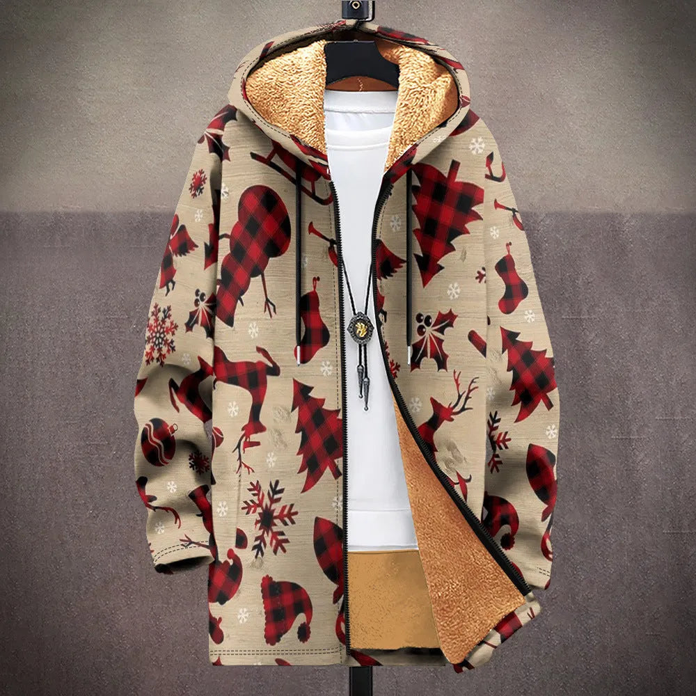 Man wearing a loose multicolour printed hooded cardigan with a front zip.
