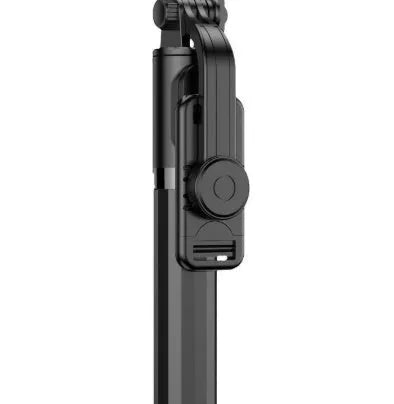 Black Bluetooth selfie stick with retractable tripod, extends to 70cm, ABS body, universal phone holder