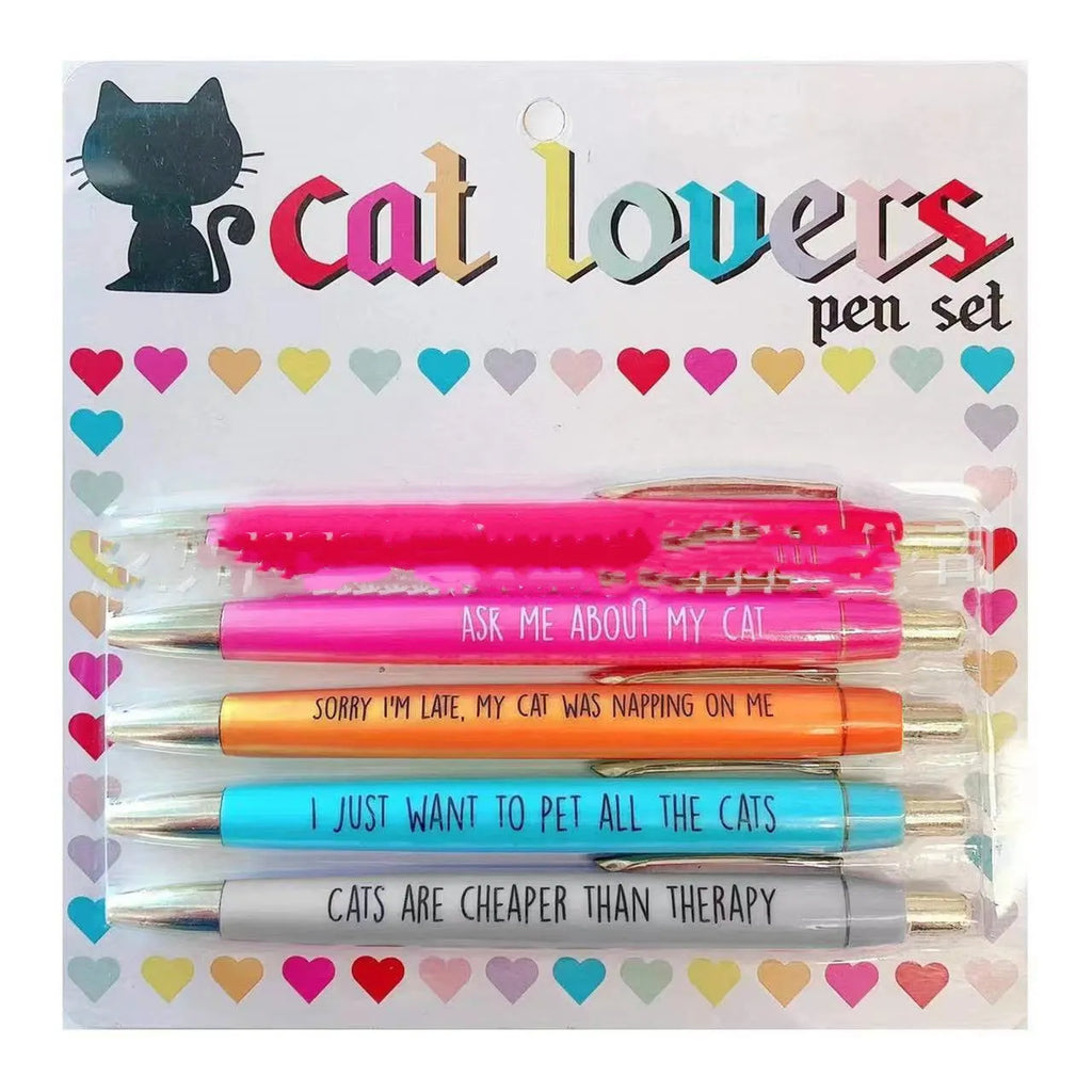 Set of five coloured push action automatic pens in a cat-themed or dog-themed design, next to a beaded storage bag.