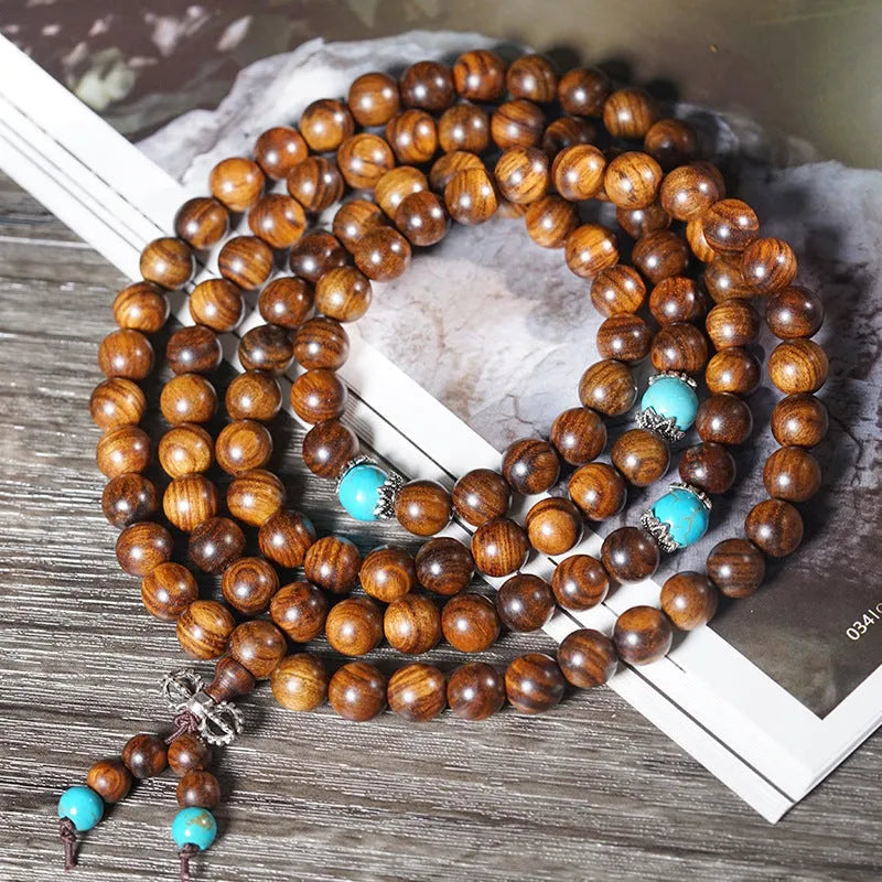 Handmade geometric stone bead bracelet with 108 polished Lvzhu beads