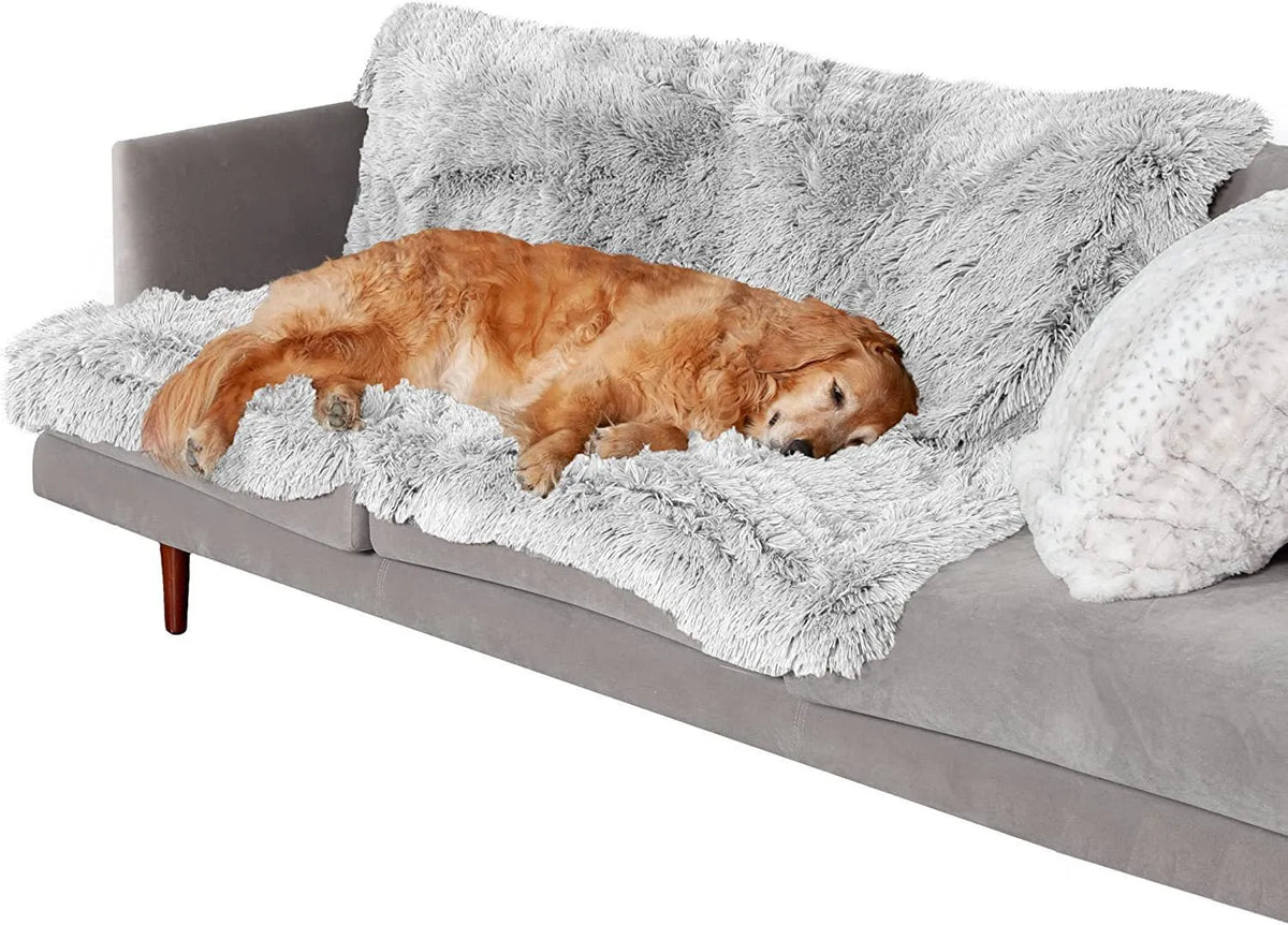 Plush waterproof dog cushion in dark grey, light grey, or rubber colour, shown in S, M, L, and XL sizes