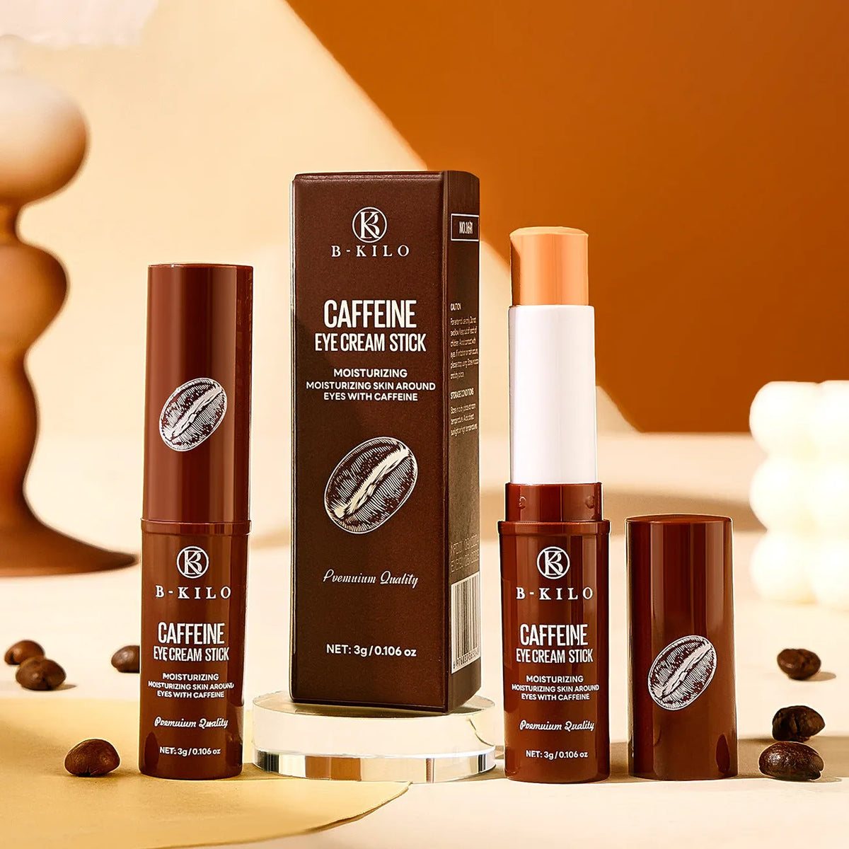 Caffeine eye cream stick in a white tube for under-eye hydration and dark circles.
