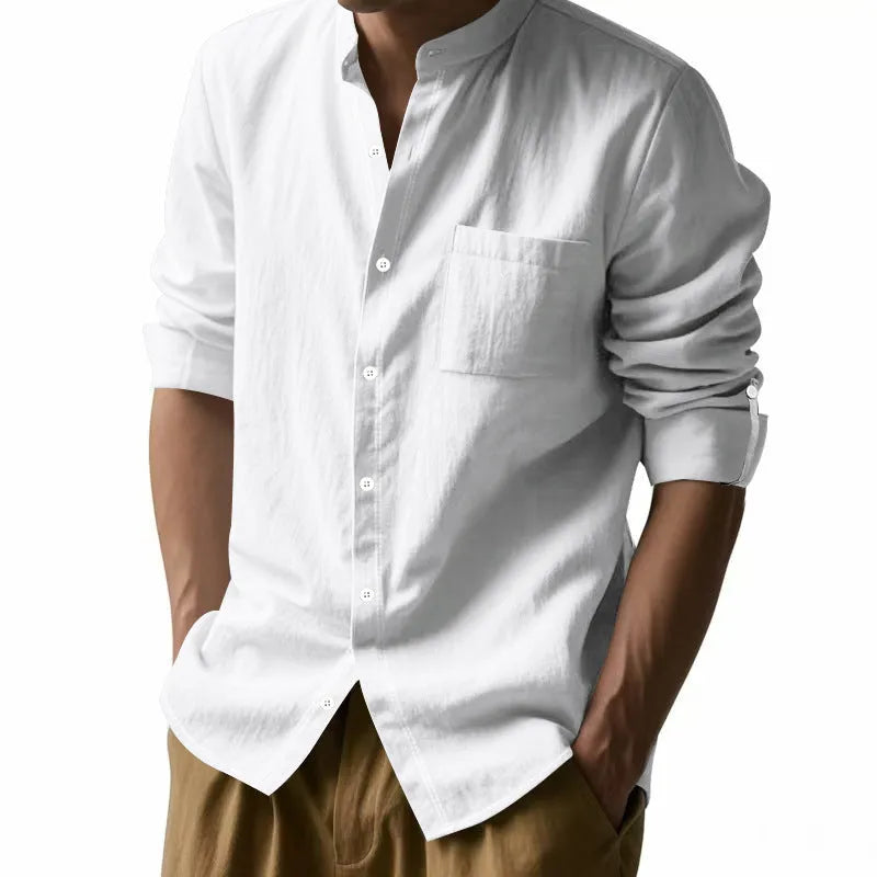 Men's long sleeve stand collar shirt with pockets in light blue, khaki, white, black or dark grey, sizes S to XXXL