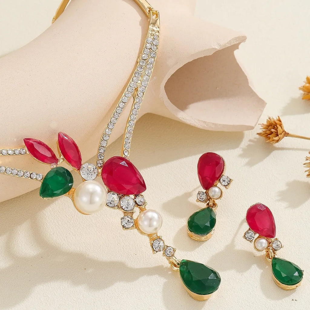 Colourful Indian style alloy pearl earrings and necklace set for women
