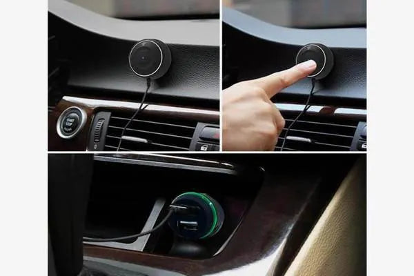 Bluetooth 5.0 car hands-free music player with NFC in black with AUX cable and mini USB power port