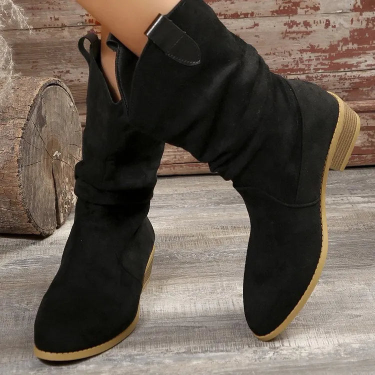 Pointed suede boots for women in black or red with hollow out detail, PU upper and lining, rubber sole, sizes 36-43