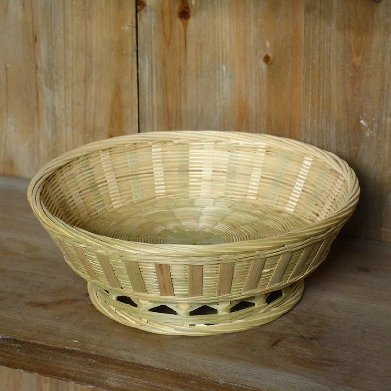 Handmade bamboo storage basket with three compartments measuring 26x8cm, 25x9cm, and 24x12cm