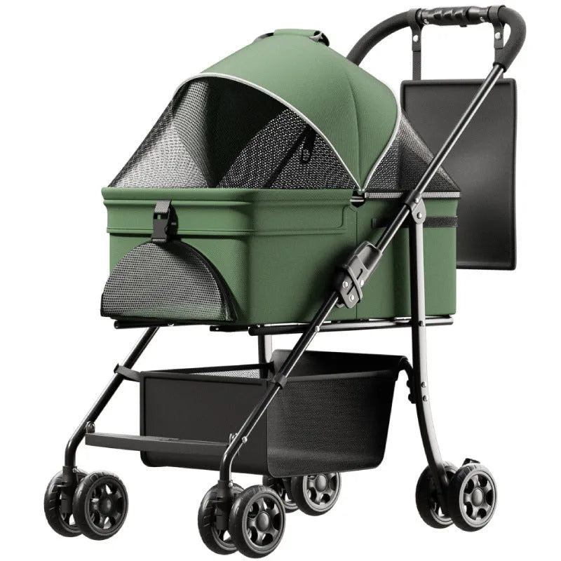 Black folding pet cart with removable frame and large transport capacity