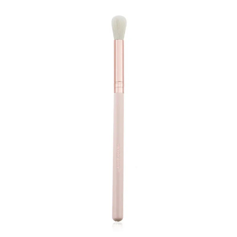 26 pink makeup brushes with wooden handles in storage bag