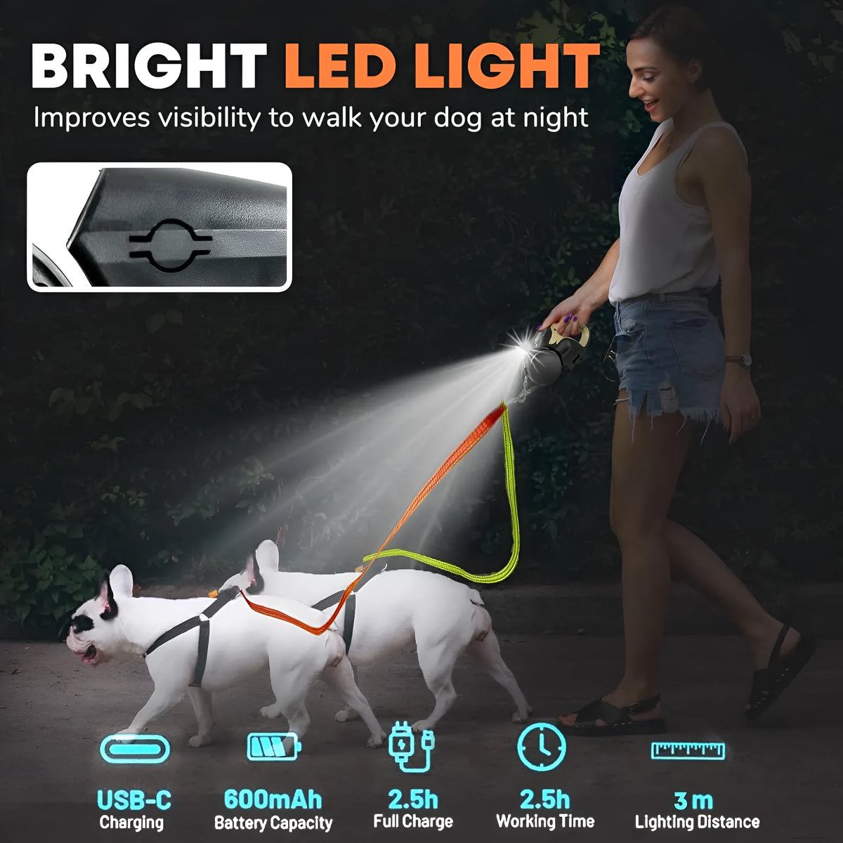 Double-ended retractable dog lead in ABS for walking two dogs, shown in khaki, light blue, blue or red