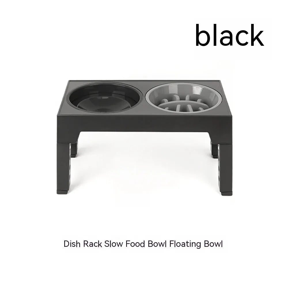 Elevated pet feeder bowl rack with two stainless steel bowls, 44x27.9x29cm, in grey, black, or white