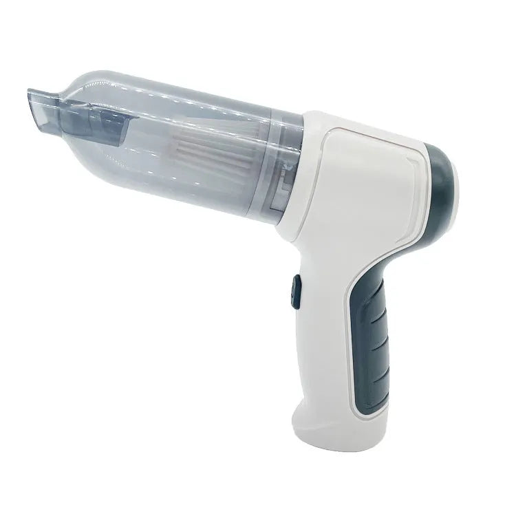 Handheld car pet vacuum cleaner in brushless gold or silver style with USB charging port and dust bucket.