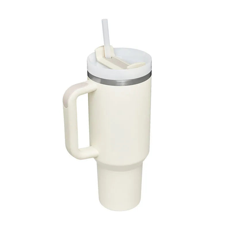 40 oz insulated stainless steel tumbler with handle straw and spill proof lid in a tapered design for car or gym use