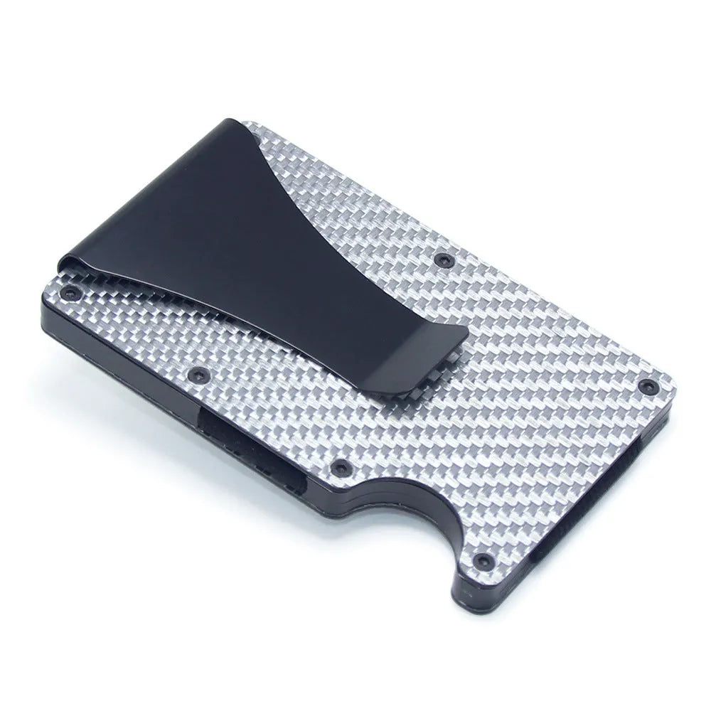 Geometric carbon fibre card holder showing 8mm thickness with capacity for multiple bank cards