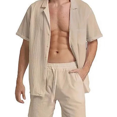 Men's grey flax linen short-sleeve top and matching shorts suit laid flat
