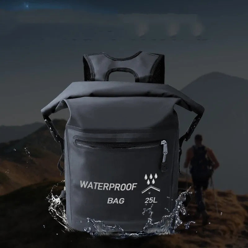 Black 25 litre waterproof backpack for river tracing rafting and swimming
