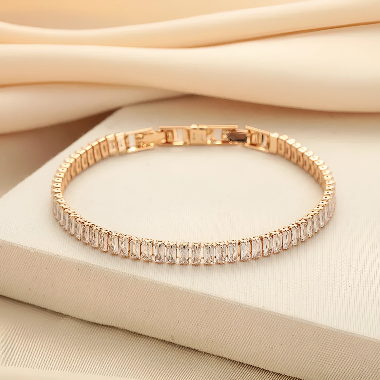 Rectangular geometric women's bracelet with full diamond zircon inlay in champagne gold colour