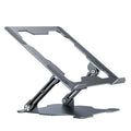 Grey aluminium adjustable laptop stand in folded and open positions, showing hollow design