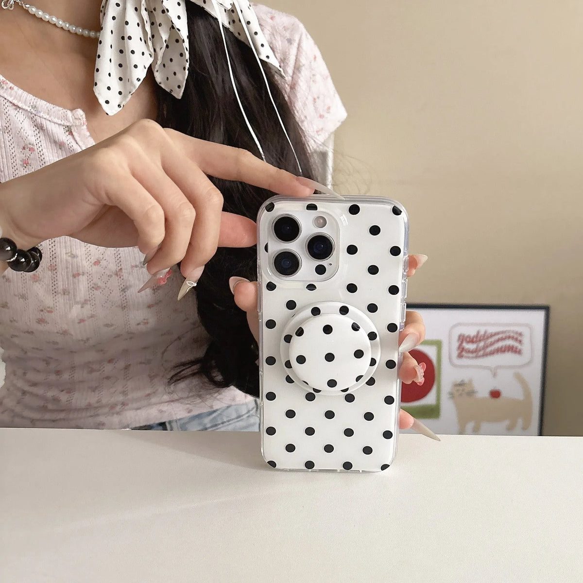 Polka dot phone case with magnetic bracket in pink purple blue and black for iPhone 13 14 15 16