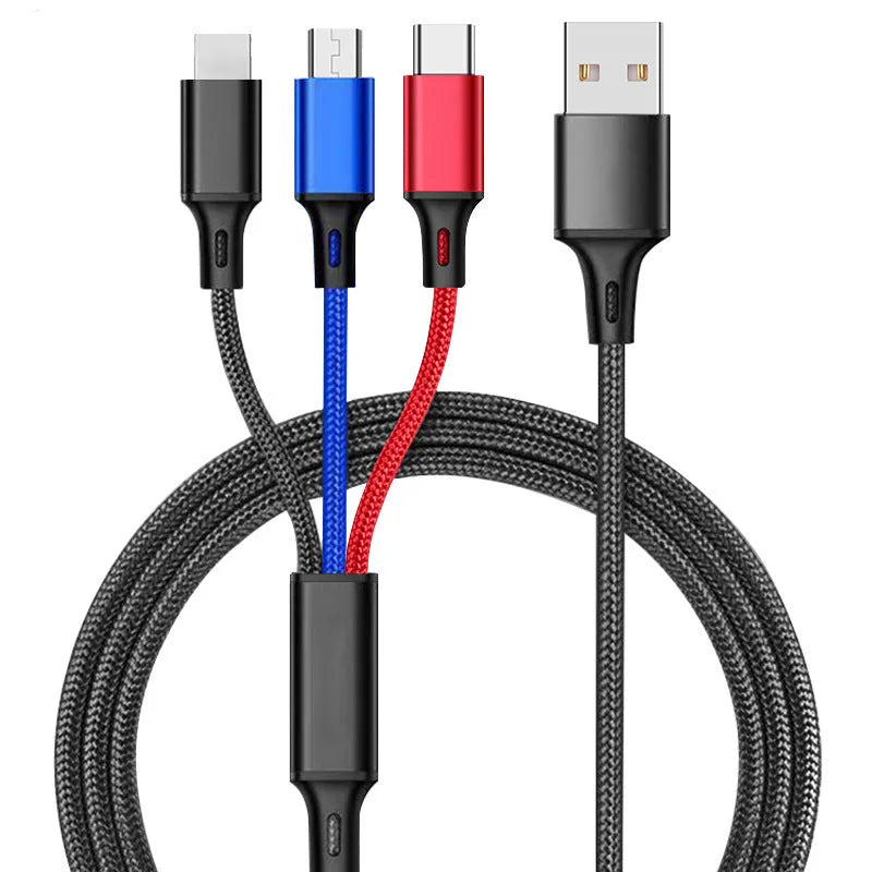 Braided 3-in-1 universal charging cable with aluminium alloy connectors for iPhone Android and Type-C devices