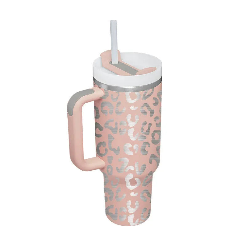 40 oz insulated stainless steel tumbler with handle straw and spill proof lid in a tapered design for car or gym use