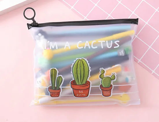 Marvel Cactus cartoon themed plastic pen case containing twenty black 0.5mm gel pens.