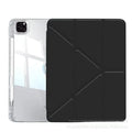 Clear acrylic iPad protective cover with a folding stand, shown in multiple colour options.