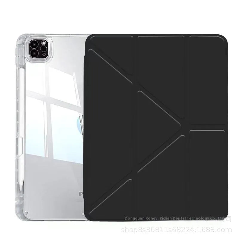Clear acrylic iPad protective cover with a folding stand, shown in multiple colour options.