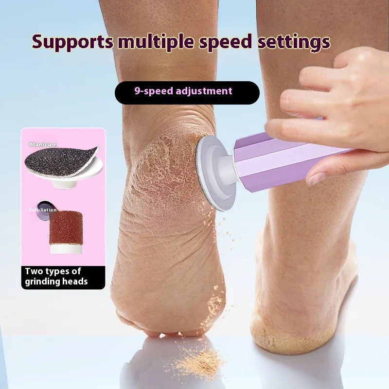 USB-powered electric callus remover foot file with multiple grinding wheels in black, pink, and purple colour options.