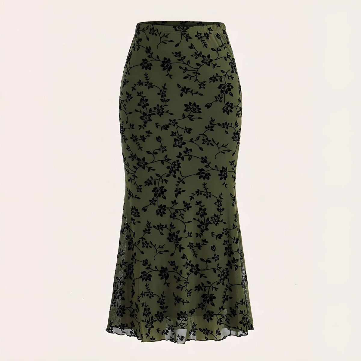Dark green floral half-length fishtail skirt for women with medium elastic waist and polyester fabric