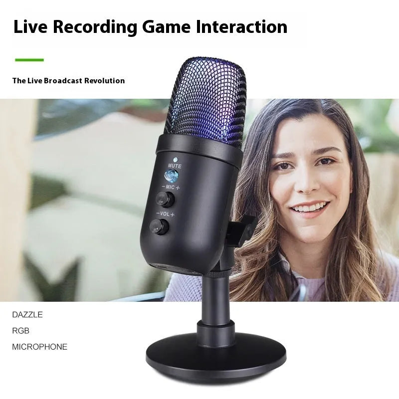 Black USB microphone with RGB lighting for computer and mobile streaming, gaming, and recording