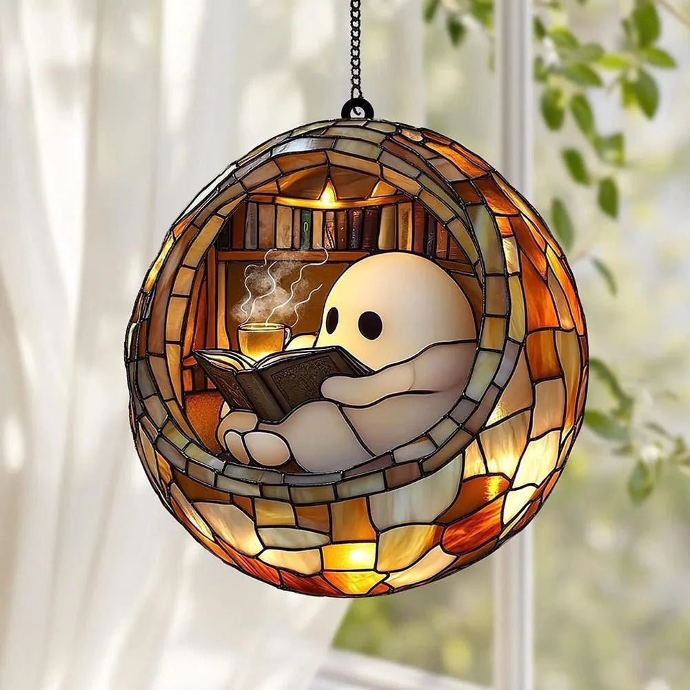Acrylic ghost reading book suncatcher pendant in American style, available in three ghost designs